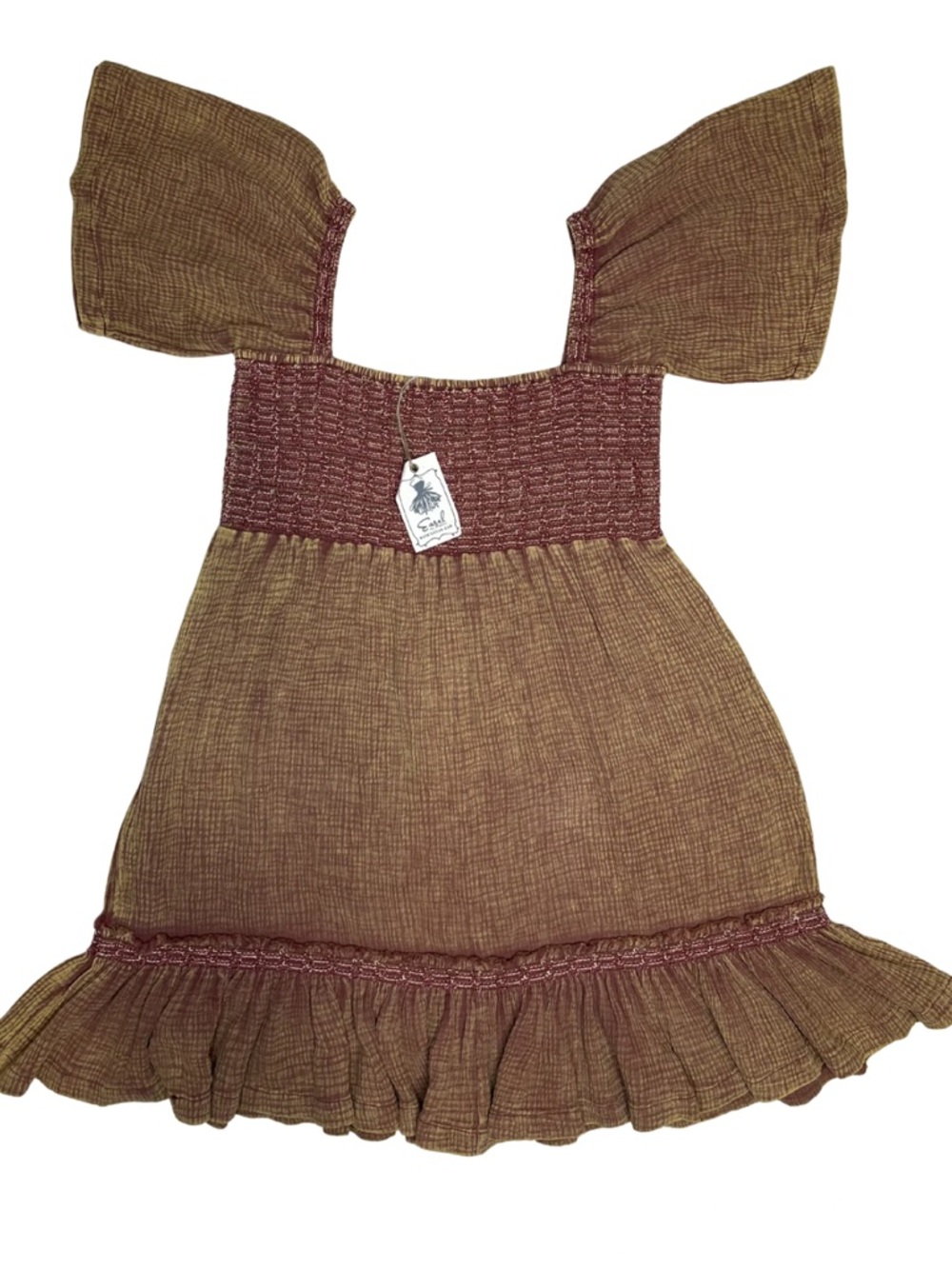 Easel Los Angeles Gauze Mini Dress Size L Brown Burgundy Smocked Cottagecore NWT